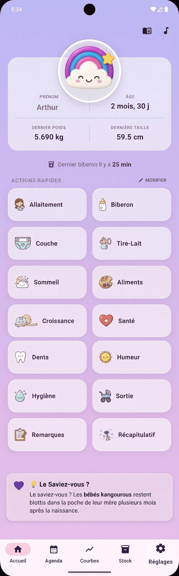 Interface de l'application Suivi Bébé