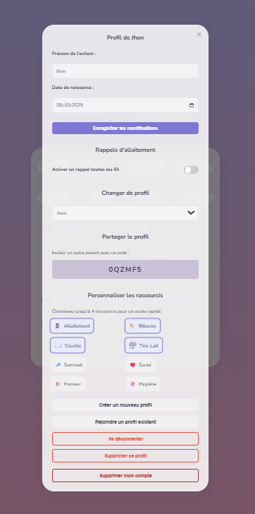 Écran de gestion de profil et paramètres